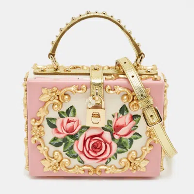 DOLCE & GABBANA PINK/GOLD ROSES BAROQUE ACRYLIC DOLCE BOX TOP HANDLE BAG