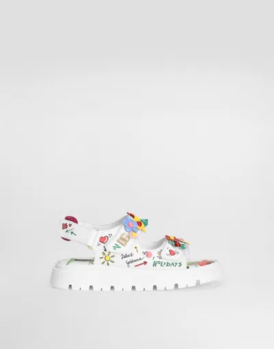 DOLCE & GABBANA PRINTED CALFSKIN SANDALS WITH FLOWERS AND DG LOGO