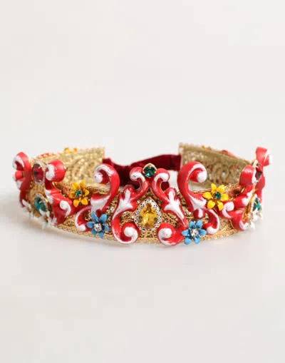 DOLCE & GABBANA RED CARRETTO MULTICOLOR CRYSTAL GOLD TIARA CROW HEADBAND