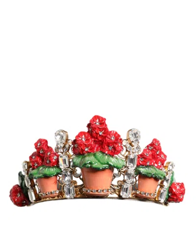DOLCE & GABBANA RED FLORAL FLOWERPOT CRYSTAL GOLD CROWN TIARA HEADBAND