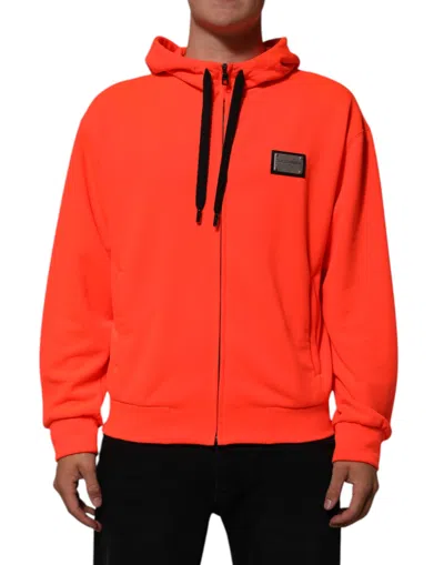 DOLCE & GABBANA RED FLUORESCENT POLYESTER LOGO PATCH HOODIE SWEATER