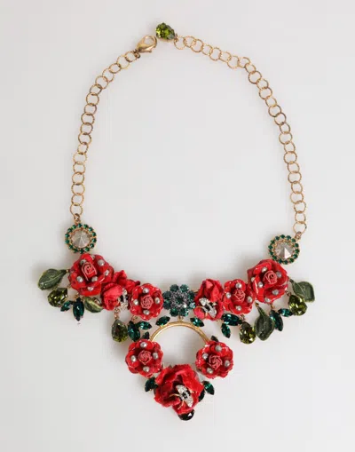 DOLCE & GABBANA RED ROSE FLORAL CRYSTAL EMBELLISHED STATEMENT JEWELRY NECKLACE