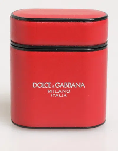 DOLCE & GABBANA RED WHITE CALFSKIN LEATHER LOGO FLIP HOLDER AIRPODS CASE