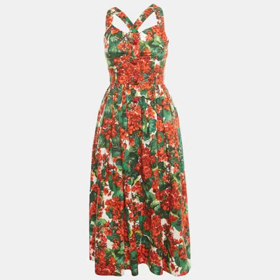 DOLCE & GABBANA RED/GREEN FLORAL PRINT COTTON MIDI DRESS S