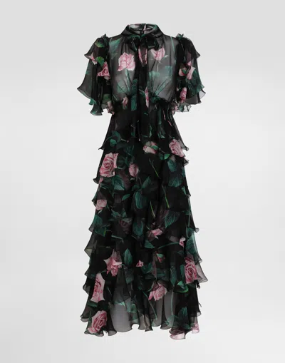 DOLCE & GABBANA ROSE-PRINT CHIFFON CALF-LENGTH DRESS WITH RUFFLES AND FLOUNCES