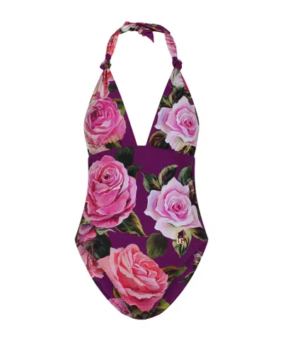 DOLCE & GABBANA DOLCE  GABBANA ROSE PRINTED ONE-PIECE V-NECK SWIMSUIT