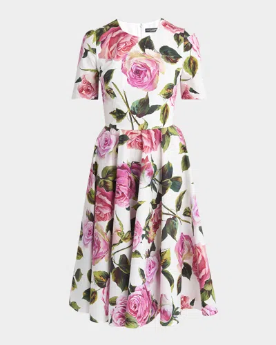 DOLCE & GABBANA ROSE-PRINT SHORT-SLEEVE FIT-&-FLARE MIDI DRESS