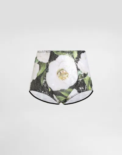 DOLCE & GABBANA SEQUIN-EMBROIDERED CADY HIGH-WAISTED PANTIES WITH GARDENIA PRINT