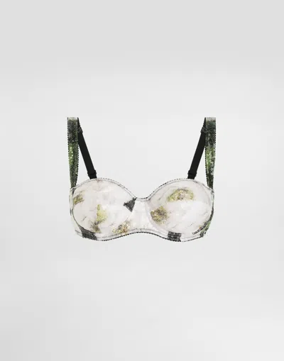 DOLCE & GABBANA SEQUIN-EMBROIDERED SATIN BALCONETTE BRA WITH GARDENIA PRINT