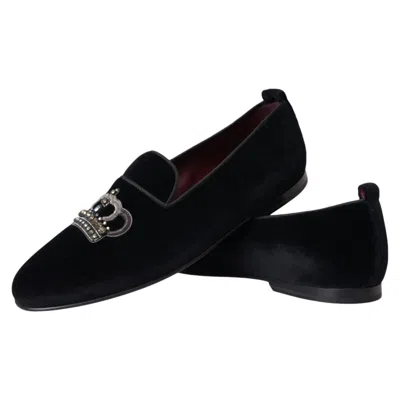 DOLCE & GABBANA DOLCE & GABBANA SHOES BLACK VELVET CRYSTAL CROWN MEN LOAFERS EU42 / US9 1200USD
