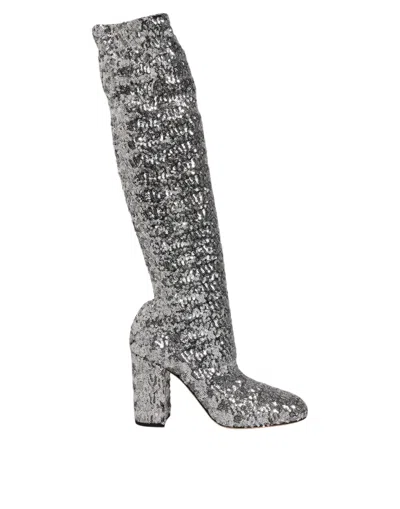DOLCE & GABBANA SHOES SILVER SEQUINS GLITTER HIGH HEEL BOOT SHOES