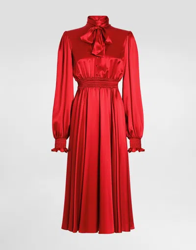 DOLCE & GABBANA SILK SATIN SHIRT DRESS WITH PUSSY-BOW