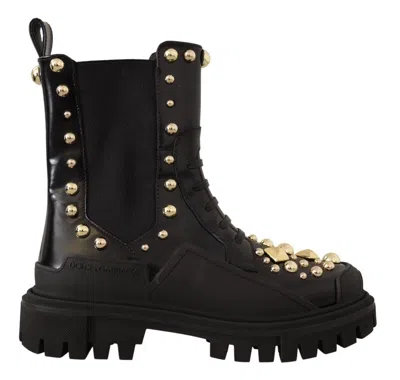 DOLCE & GABBANA STUDDED LEATHER COMBAT BOOTS WITH EMBROIDERY