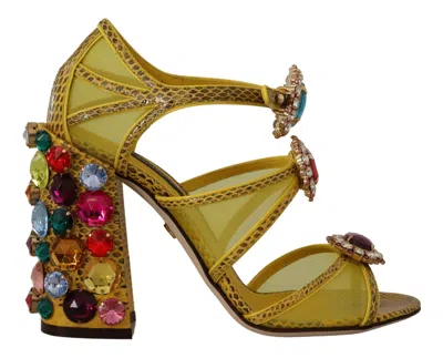 DOLCE & GABBANA STUNNING CRYSTAL-EMBELLISHED YELLOW LEATHER SANDALS