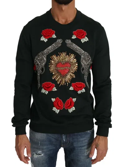 DOLCE & GABBANA DOLCE & GABBANA SWEATER GREEN CRYSTAL HEART ROSES GUN S. IT48 / M RRP $4900