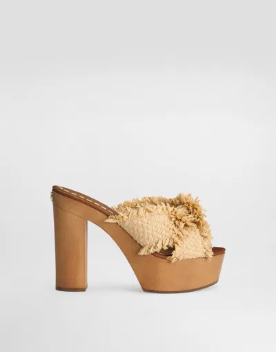 DOLCE & GABBANA WEDGE SANDAL IN FRAYED RAFIA AND CANVAS