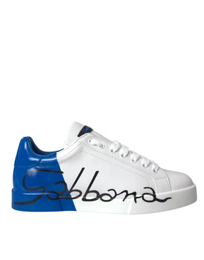 DOLCE & GABBANA WHITE BLUE LEATHER LOGO LOW TOP SNEAKERS SHOES