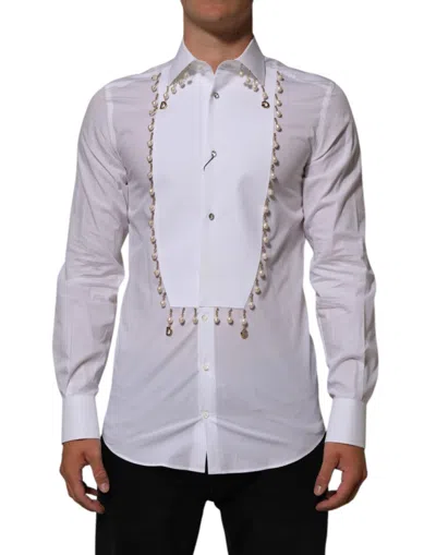 DOLCE & GABBANA WHITE COTTON DG LOGO PEARL GOLD FORMAL SHIRT