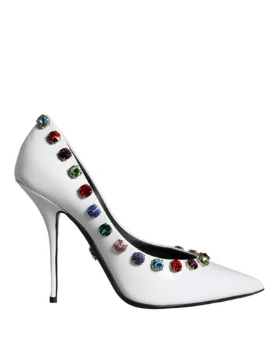 DOLCE & GABBANA WHITE CRYSTAL LEATHER HIGH HEELS PUMPS SHOES