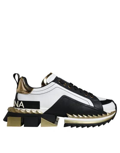 DOLCE & GABBANA WHITE GOLD BLACK LEATHER SUPER KING SNEAKERS SHOES