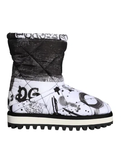 DOLCE & GABBANA WHITE PADDED LOGO PRINT MID CALF BOOTS SHOES
