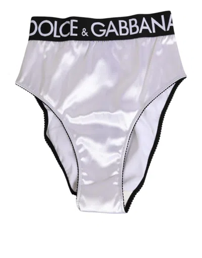 DOLCE & GABBANA WHITE SATIN HIGH-WAIST BLACK LOGO WOMEN UNDERWEAR