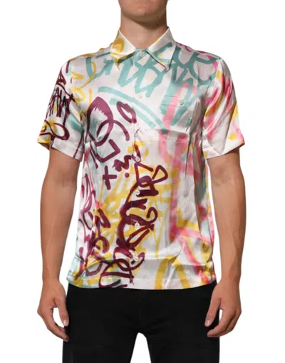 DOLCE & GABBANA WHITE SILK HAWAIIAN GRAFFITI PRINT MEN CASUAL SHIRT