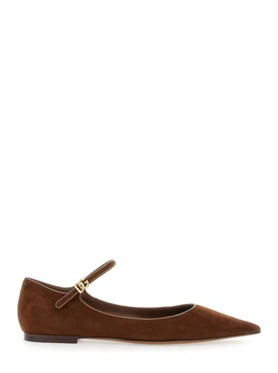 DOLCE & GABBANA DOLCE & GABBANA WOMEN BROWN POINTED TOE BALLERINAS WITH DG LOGO ON THE SIDE IN SUEDE WOMAN