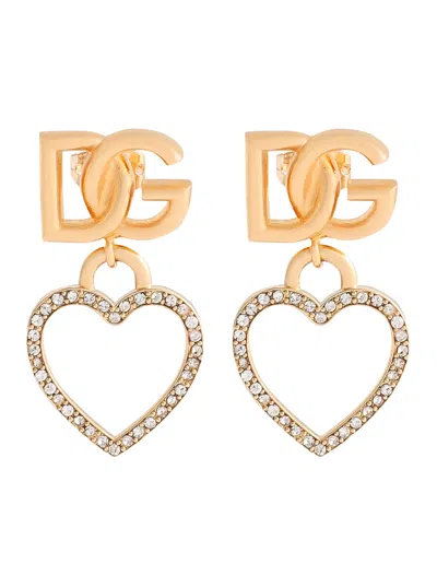 DOLCE & GABBANA DOLCE & GABBANA WOMEN METALLIC EARINGS WITH LOGO PLAQUE AND HEART PENDANT IN BRASS AND GLASS WOMAN