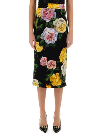 DOLCE & GABBANA DOLCE & GABBANA WOMEN PEONY AND ROSE PRINT CHARMEUSE LONGUETTE SKIRT