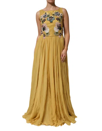 DOLCE & GABBANA YELLOW SILK FLORAL EMBROIDERED MAXI DRESS