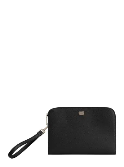 DOLCE & GABBANA DOLCE & GABBANA MEN BLACK CLUTCH WITH REMOVABLE WRIST STRAP AND LOGO PLAQUE ON THE FRONT IN GRAINED 