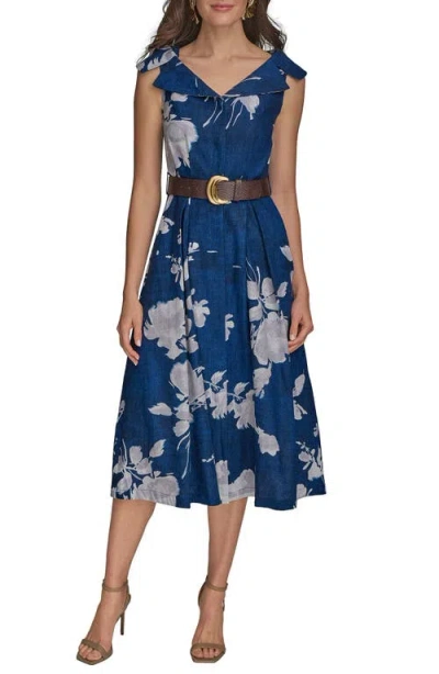 DONNA KARAN DONNA KARAN NEW YORK FLORAL LINEN BLEND DRESS