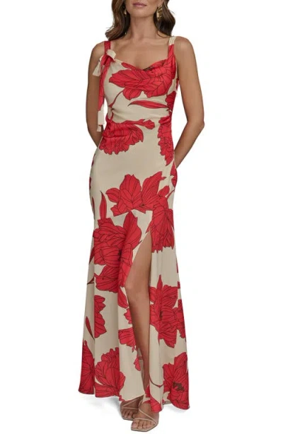 DONNA KARAN DONNA KARAN NEW YORK FLORAL COWL NECK SATIN GOWN