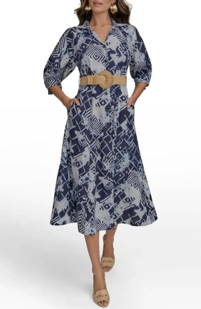 DONNA KARAN DONNA KARAN NEW YORK PRINT BELTED LONG SLEEVE LINEN BLEND MAXI SHIRTDRESS