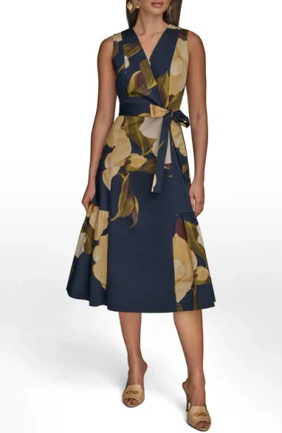 DONNA KARAN DONNA KARAN NEW YORK SLEEVELESS FAUX WRAP MIDI DRESS