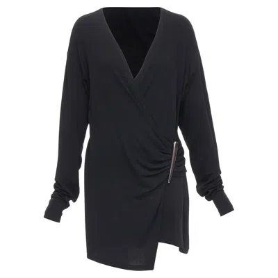 DONNA KARAN VISCOSE BLEND V NECK SILVER BUCKLE DRAPE MINI DRESS