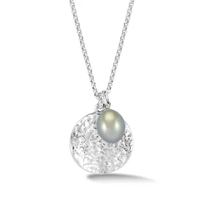 DOWER & HALL WOMEN'S HAMMERED DISC & DOVE GREY FRESHWATER PEARL PENDANT IN STERLING SILVER