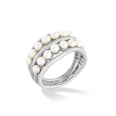 DOWER & HALL WOMEN'S SOLID WHITE GOLD DOUBLE ROW PEARL WATERFALL RING