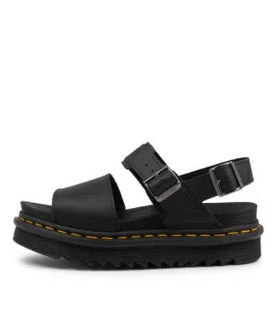 DR. MARTENS DR MARTEN VOSS BLACK LEATHER SANDALS YELLOW STITCH WOMENS SHOES CASUAL