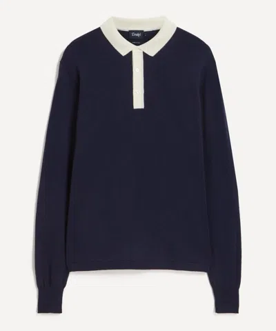DRAKE'S DRAKES MENS NAVY MERINO WOOL KNITTED RUGBY SHIRT