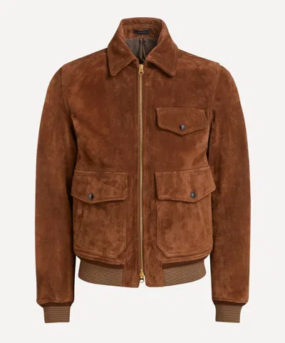 DRAKE'S DRAKES MENS TOBACCO HEAVYWEIGHT SUEDE A-2 BOMBER JACKET