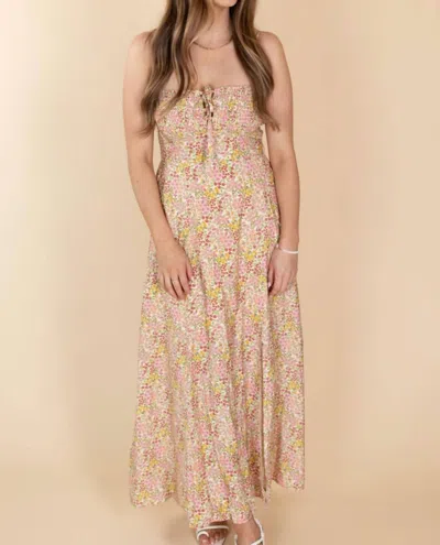 DRESS FORUM MARIA LACE UP FLORAL MIDI DRESS IN PINK/YELLOW
