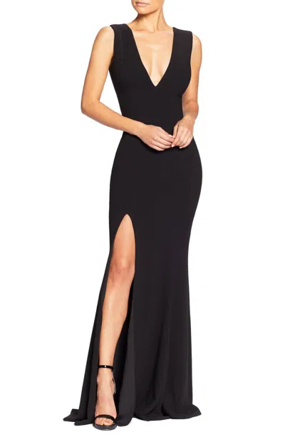 DRESS THE POPULATION SANDRA PLUNGE CREPE TRUMPET GOWN IN BLACK