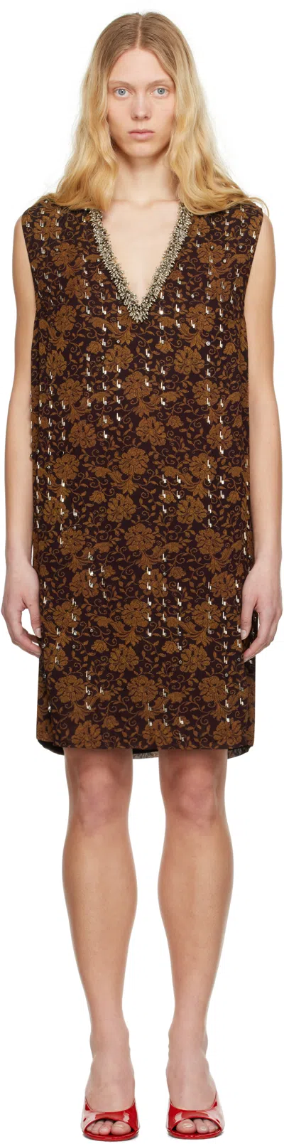 DRIES VAN NOTEN BROWN BEADED MINIDRESS