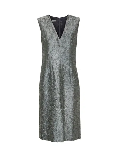 DRIES VAN NOTEN GREEN CRUSHED VISCOSE COTTON BLEND MIDI SHEATH DRESS