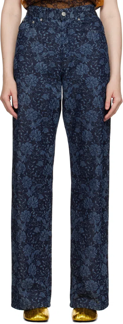 DRIES VAN NOTEN INDIGO PRINTED DENIM JEANS