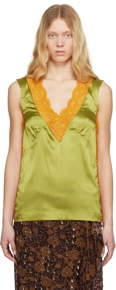 DRIES VAN NOTEN KHAKI & ORANGE SILK LACE TANK TOP