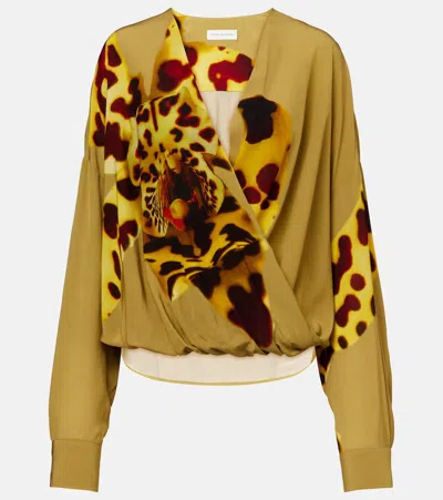DRIES VAN NOTEN PRINTED DRAPED SATIN BLOUSE
