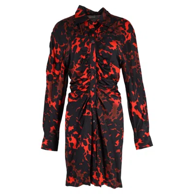 DRIES VAN NOTEN PRINTED SHIRT DRESS IN BLACK AND RED SATIN
